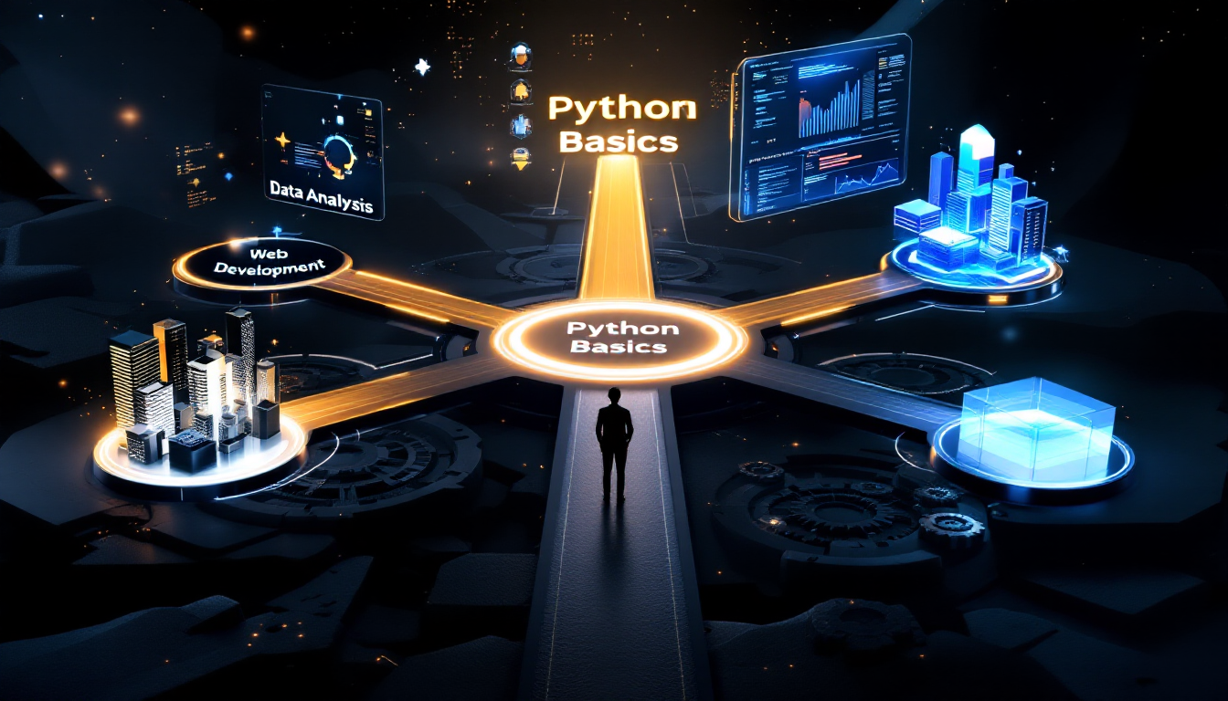 '파이썬 기초'라는 길 끝에서 웹 개발, 데이터 분석, 업무 자동화의 세 갈래 길로 나뉘는 모습