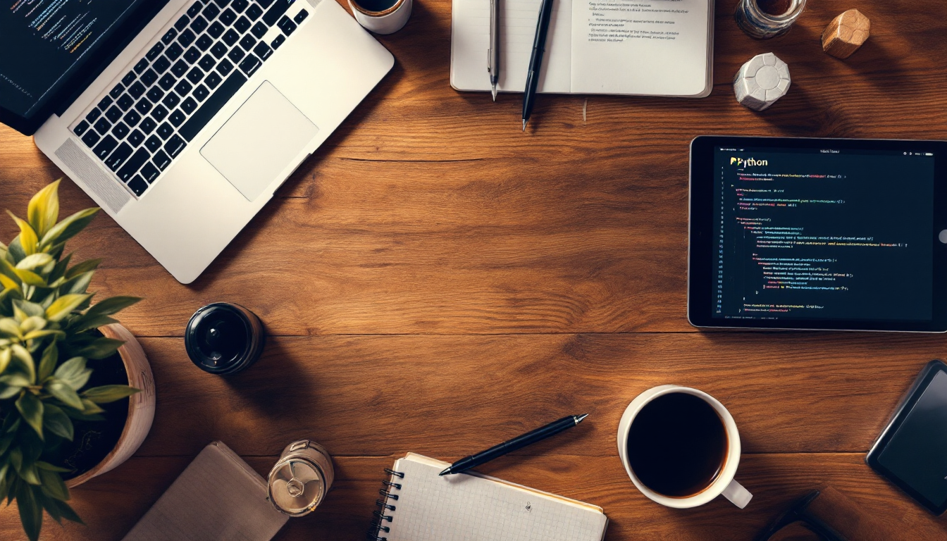 파이썬 책, 온라인 강의가 켜진 태블릿, 노트북이 놓여있는 공부 책상