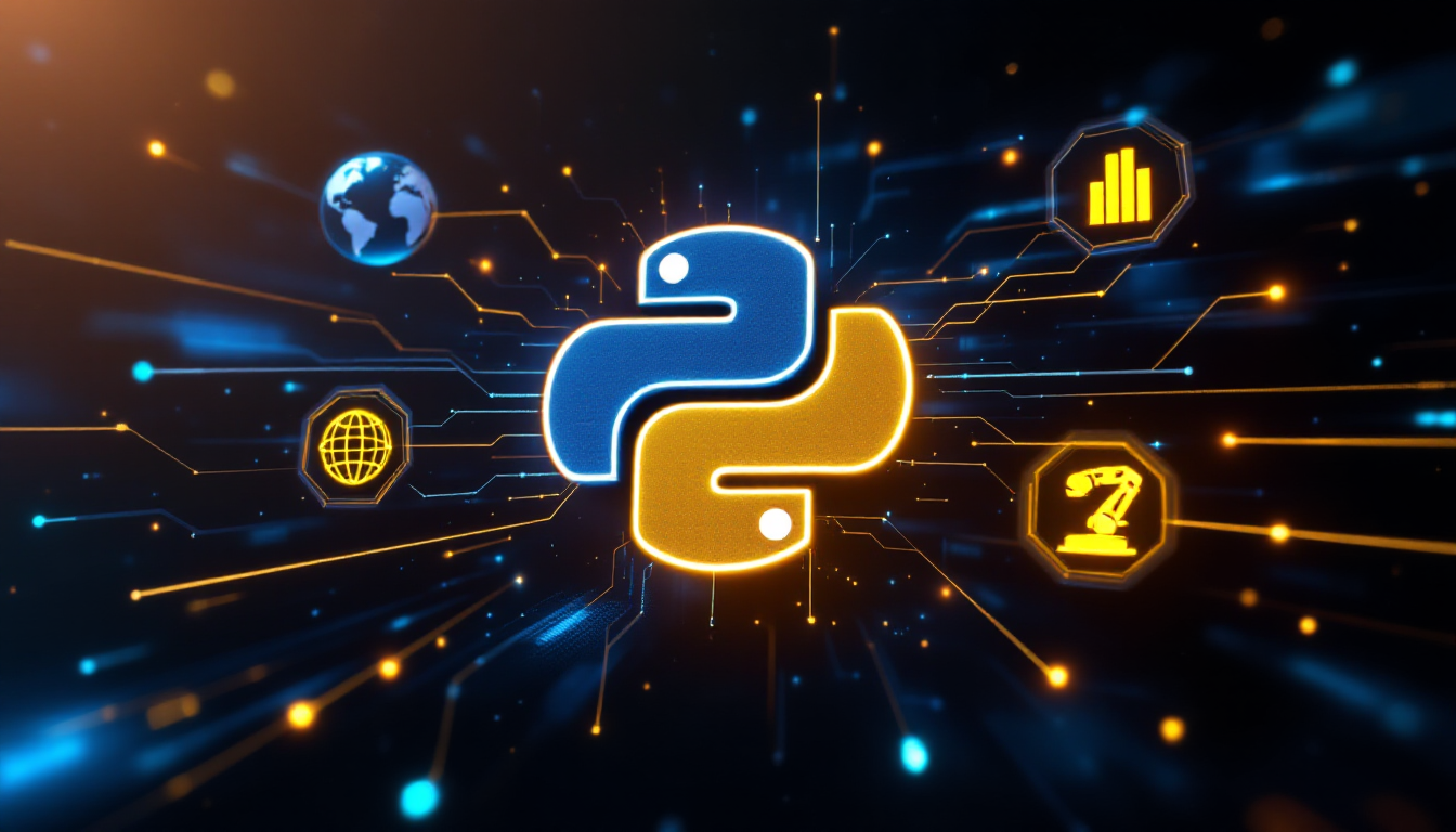 파이썬 로고를 중심으로 웹 개발, AI, 데이터 분석, 자동화를 상징하는 아이콘들이 연결된 미래적인 이미지